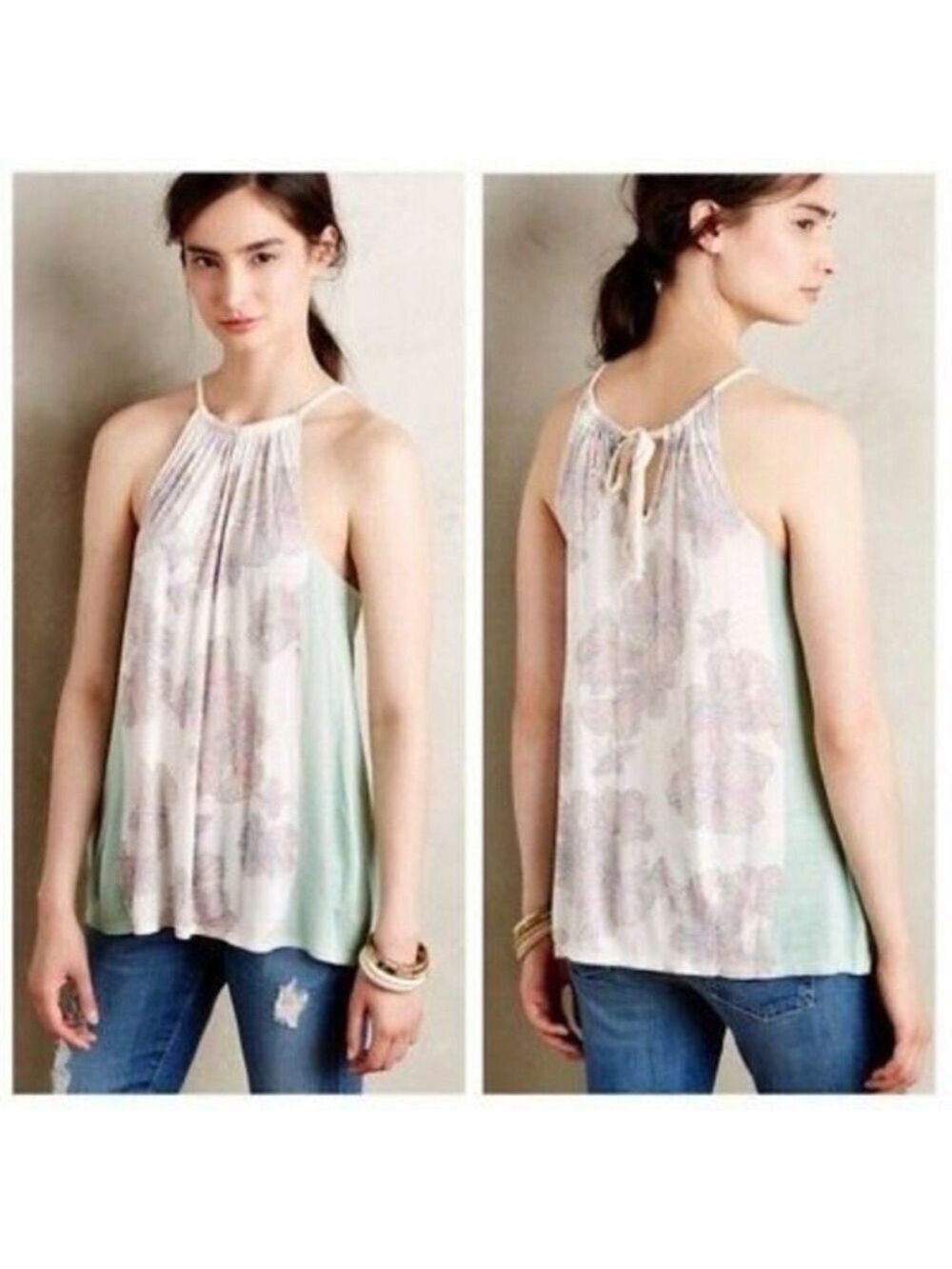 NWT Anthropologie Deletta Teal Floral Tank Top Silk Blend M